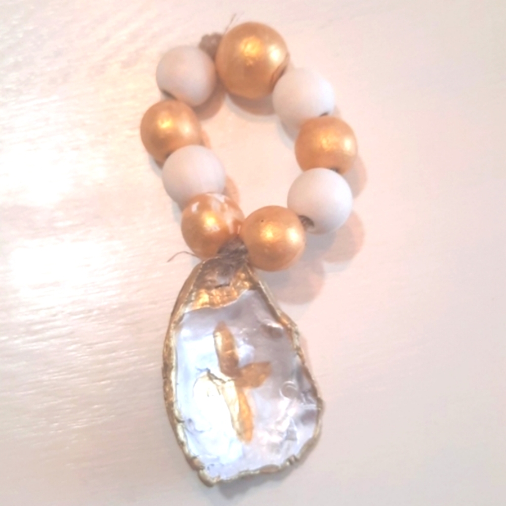 Prayer Beaded Oyster Shell With Cross Accent - Coastal Decor